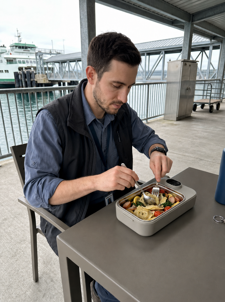 Customer carrying a THERMAL heated lunch box